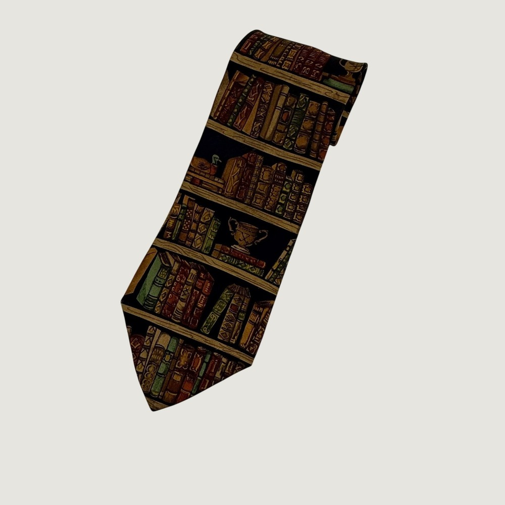 Alynn Neckwear Mens Ex Libris Bookshelf Silk Tie Navy Blue Library Book Print